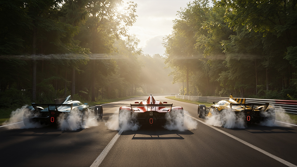 A pack of supercars led by an orange Lamborghini drives past a drifting Ford Mustang and off-roaders heading in the opposite direction, all in Mexico's desert surrounded by cacti and beach trees.